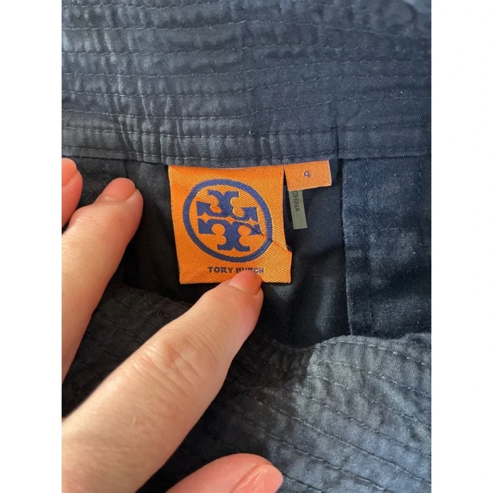 Tory Burch Black/Blue CottonStretch CuffedChino Shorts Gold Button Sz 4 21111224